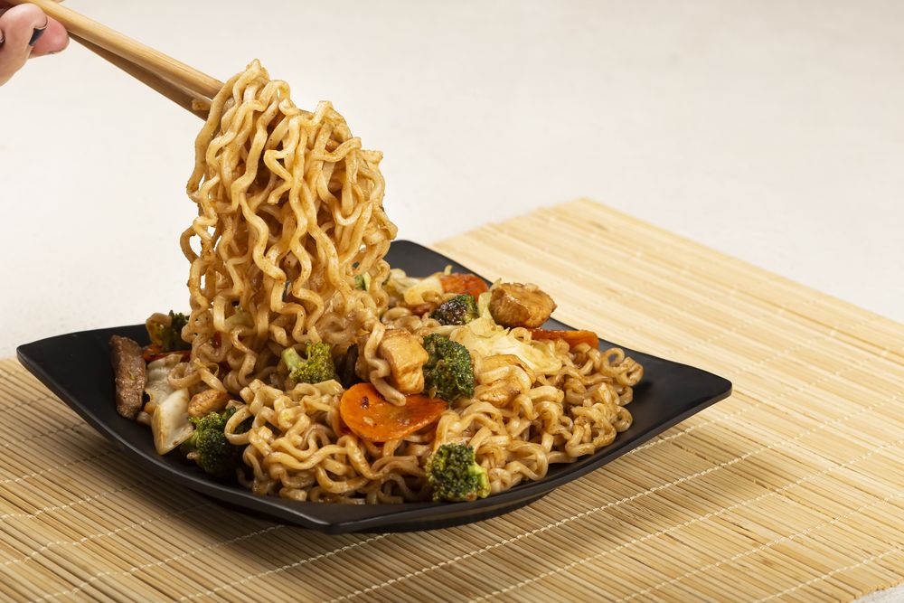 Yakisoba noodles. Yakisoba dish with meat, chicken and vegetables.