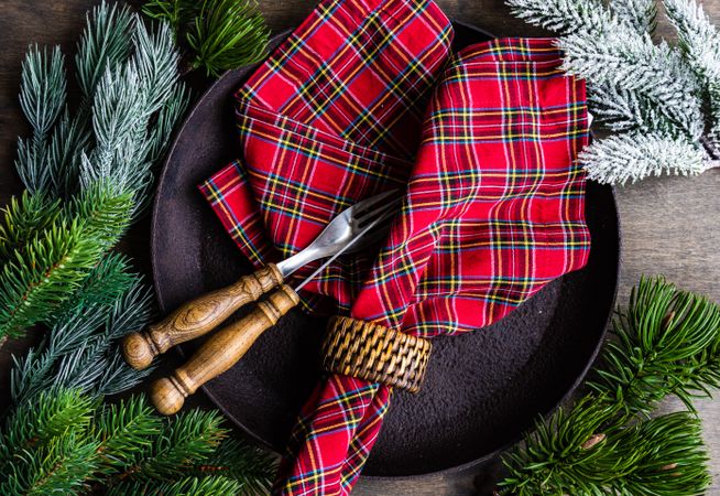 Tartan napkin on Christmas table setting