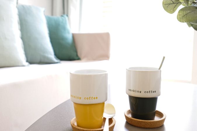 Coffee cups on table at home
