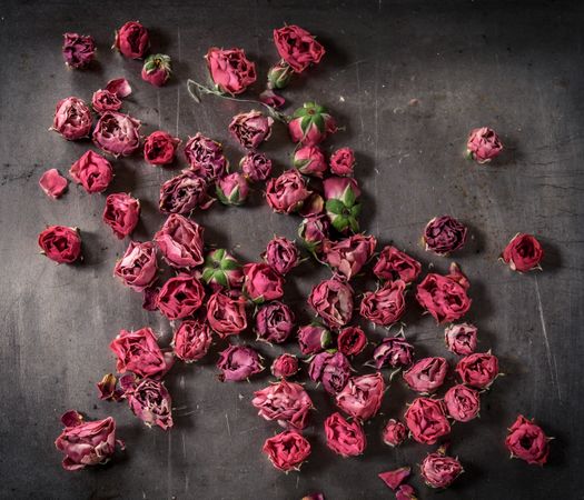 Dried red rose heads on table