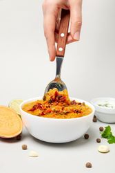 Concept of tasty food, sweet potato puree