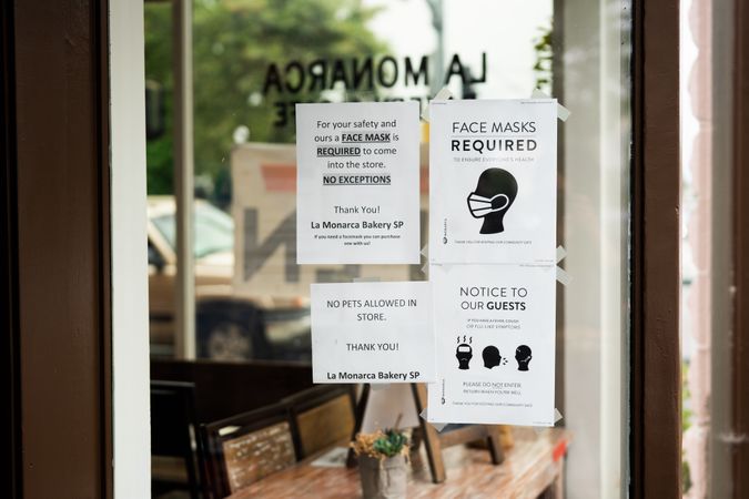 Covid safety signs in coffee shop window