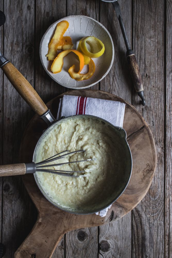 From above baking dish with dough