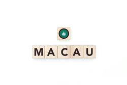 Wooden blocks bearing the name and flag of Macau.