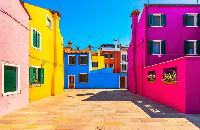 Venice landmark, Burano island square and colorful houses, Italy