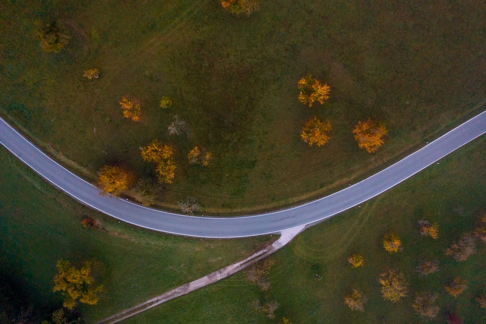 Aerial image with road crossing an autumn orchard on a cold morning in October
