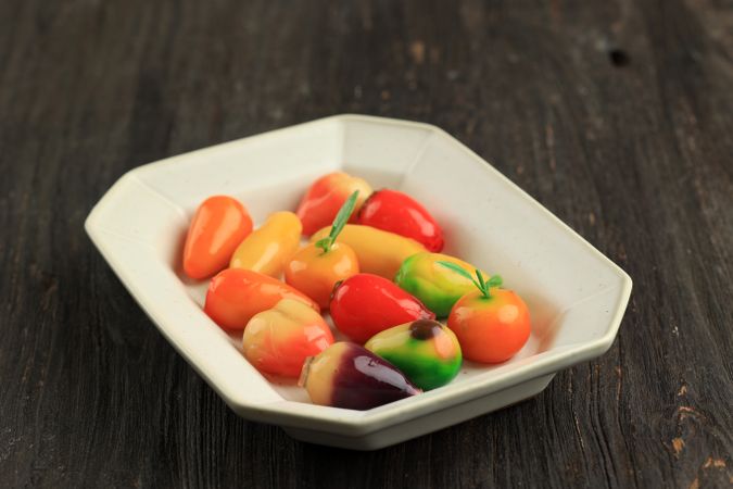 Lukchup, Fruit Shaped Mung Beans Made from Mung Beans and Sugar Coated with Jelly