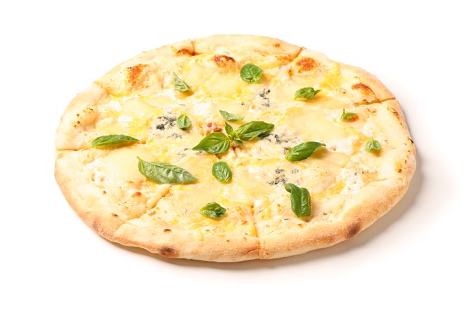 Tasty cheese pizza with basil isolated on blank background