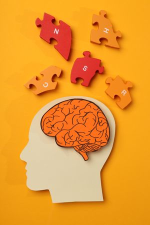 Cut out of head with brain & puzzle pieces on orange background, vertical composition