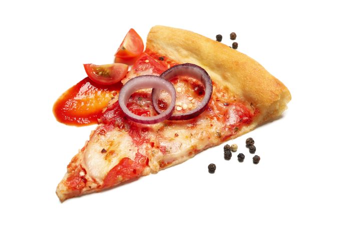 Tasty pizza and spices isolated on blank background