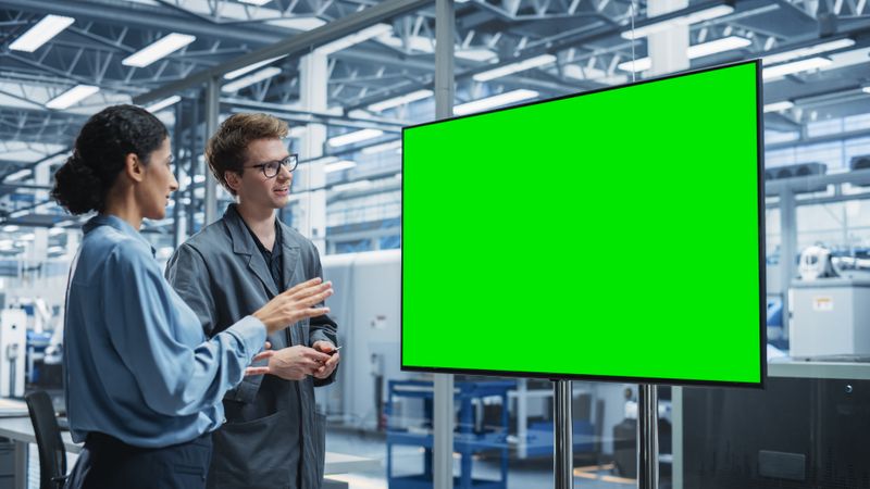 Male and female colleagues working from screen, mockup