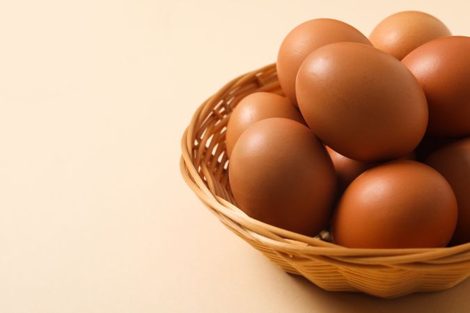 Concept of fresh and natural farm product - eggs, space for text
