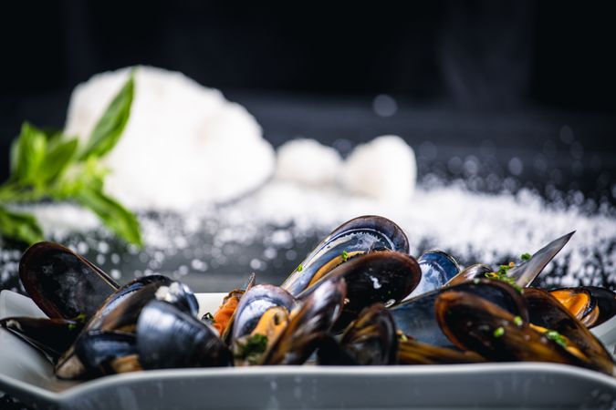 Steamed mussels with Thai sauce in plate
