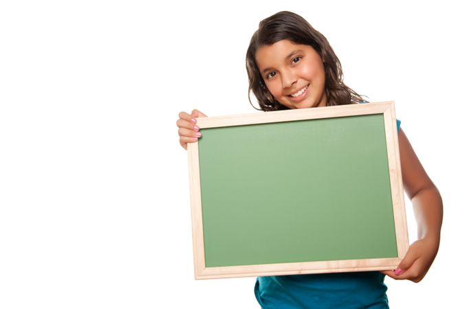 Pretty Hispanic Girl Holding Blank Chalkboard