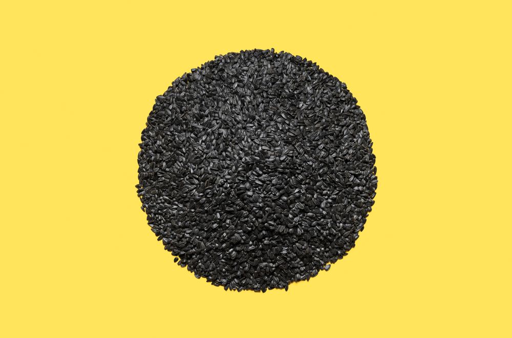 Pile of sunflower seeds isolated on a yellow background