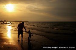 Back view of father and young daughter walking on beach during sunset bDJOA5