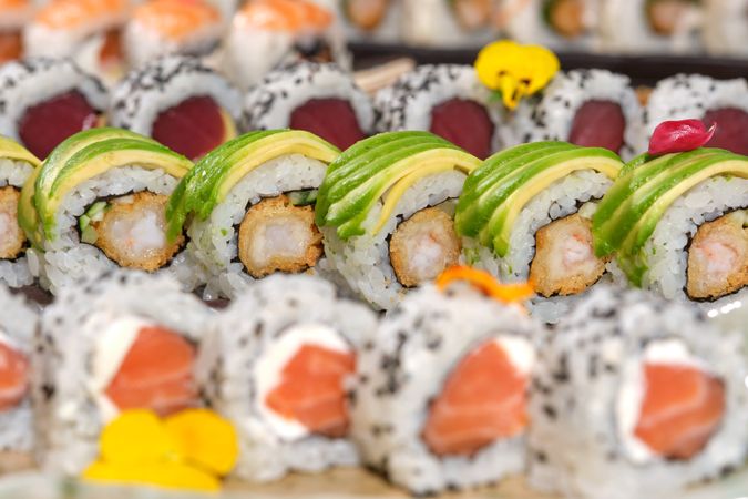 Appetizing and delicious sushi rolls with fresh fish rice and vegetables