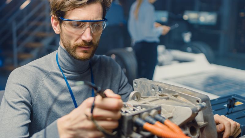 Professional Automotive Engineer in Glasses with a Computer and Inspection Tools is Testing an Used Electric Engine in a High Tech Laboratory with a Concept Car Chassis.
