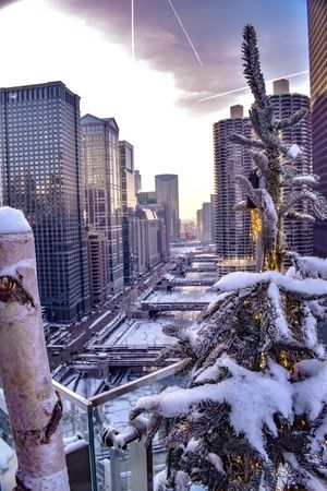 Snow covered city of Chicago during Christmas