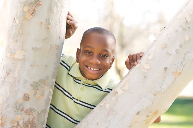 Young Boy Between a Split Tree Trunk