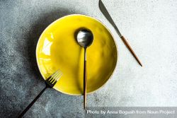 Minimalistic yellow table setting with plate and cutlery 41lmA7