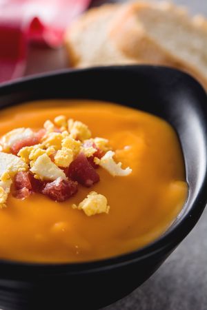 Bowl with salmorejo ham and hard boiled egg