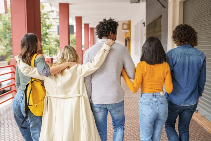 Backs of group of friends walking down the street