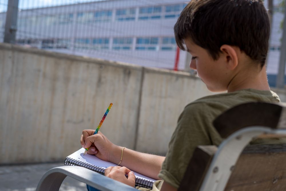 Back of boy sitting on bench writing