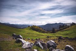 Rocky field in the mountains on overcast day