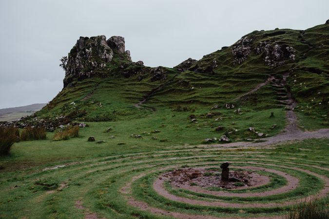 Scottish valley surrounded by grassy rocky hills