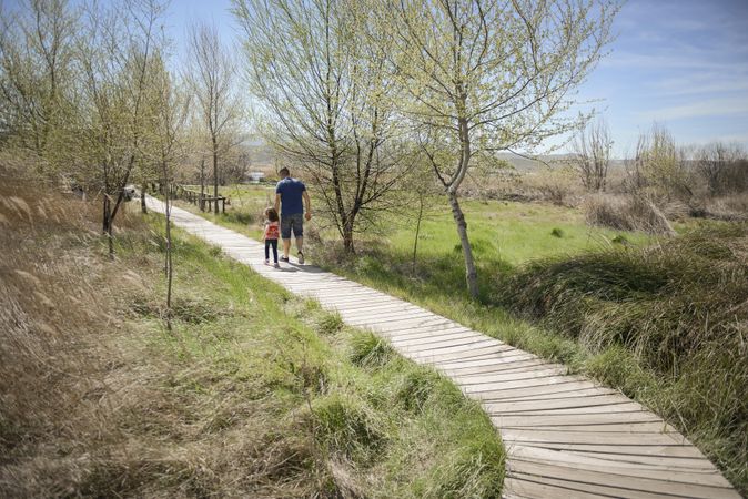 Man and little girl walking on a wooden walkway in a park on a sunny day