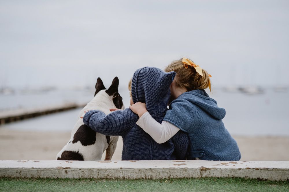 Kids hugging dog on beach