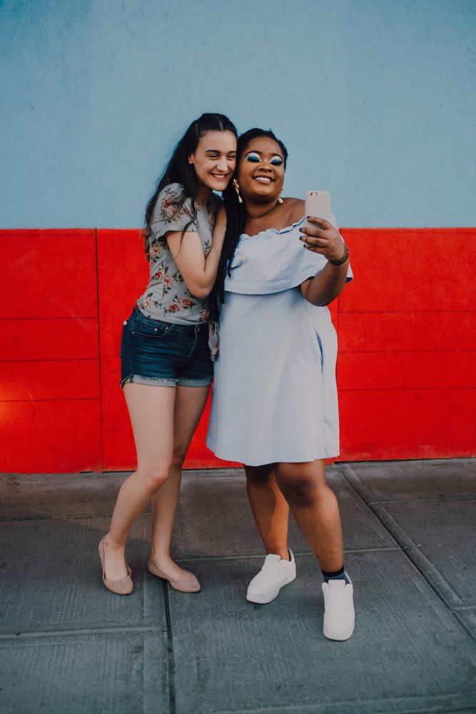 Smiling multiethnic women taking selfie