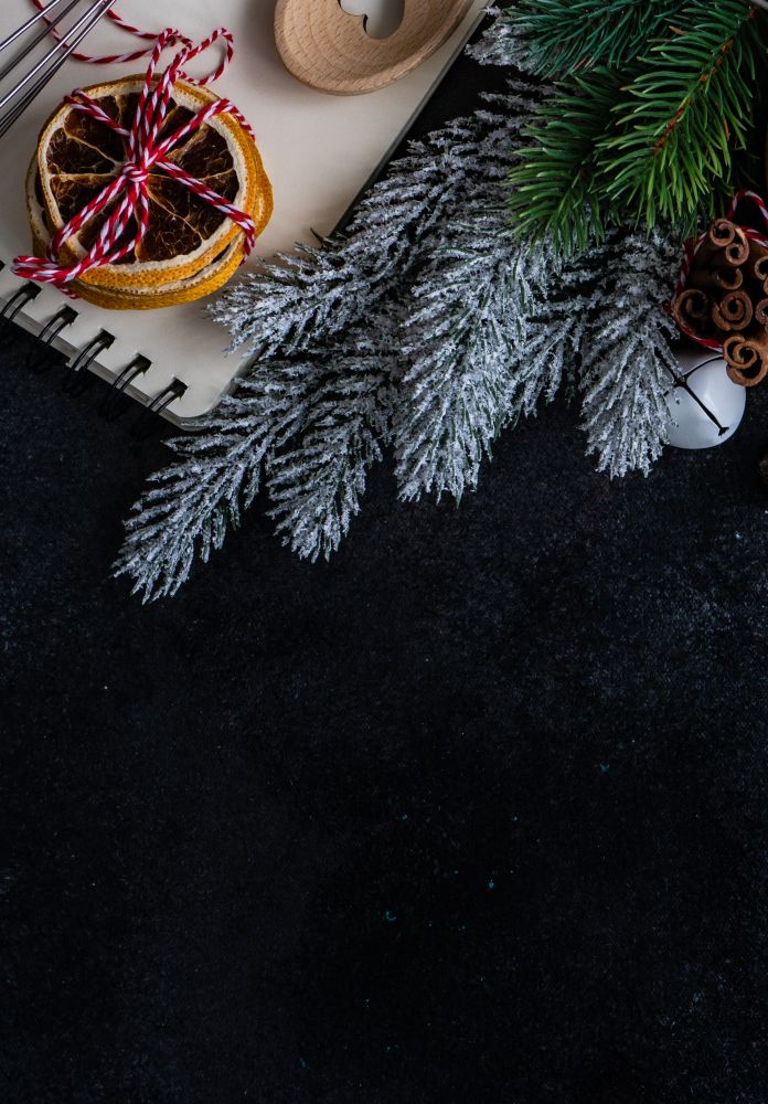 Notebook, dried orange slices, pine branch on kitchen counter with copy space