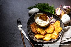 Top view of traditional Ukrainian dish deruny with dipping sauce and dill 4mWRw7