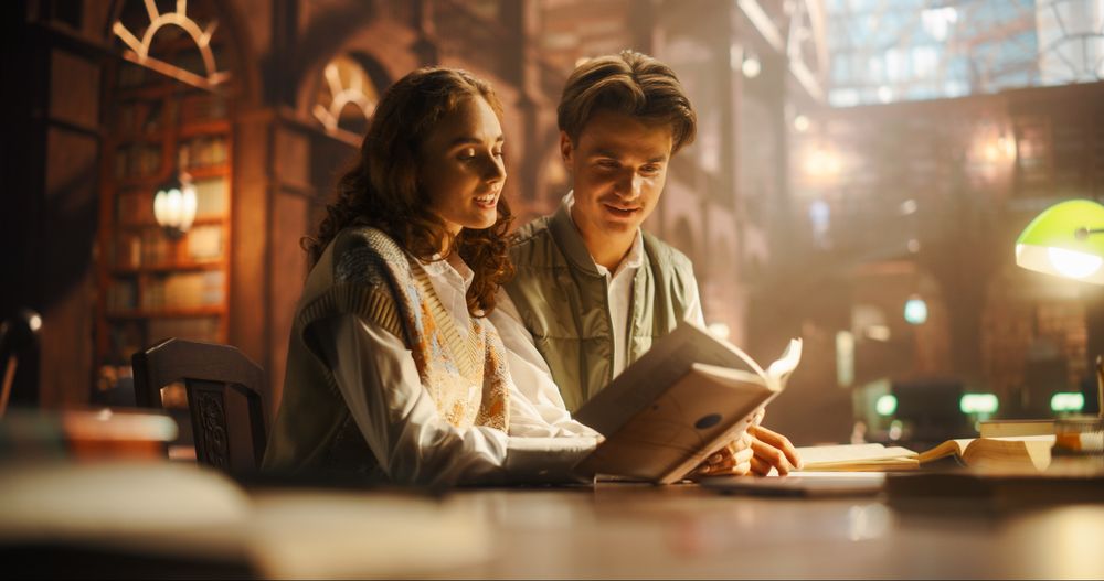 Engaged Young Couple Reading Together in a Cozy Library, Illuminated by Warm Ambient Light.