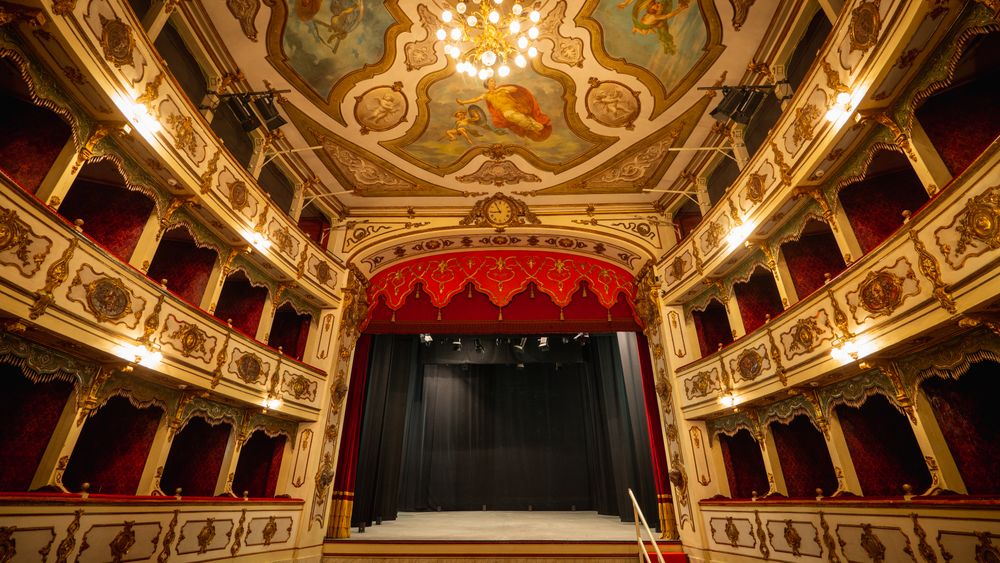 Well-lit Opera House with Beautiful Mural Paintings Ready to Recieve Audience for a Play or Ballet Show
