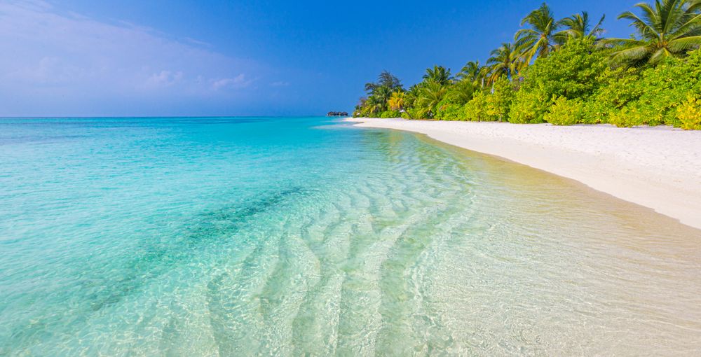 Wide shot of crystal clear waters coming up on a tropical beach