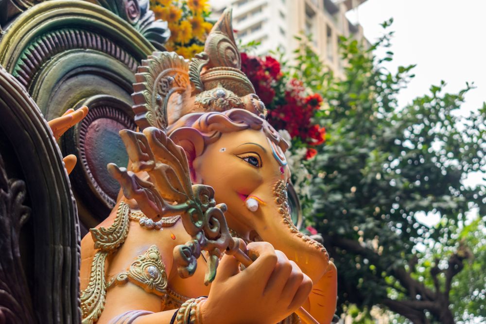 A beautiful idol of Lord Ganpati being displayed in a procession called Aagman Sohala in Mumbai, India for the festival of Ganesh Chaturthi
