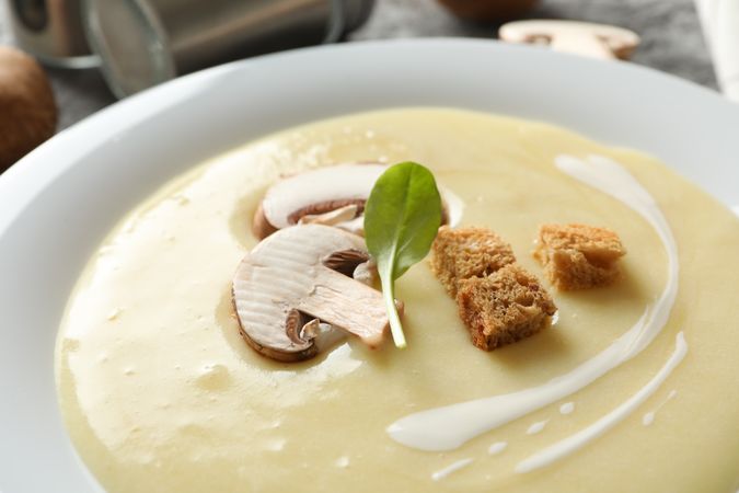 Close up of mushroom soup with croutons