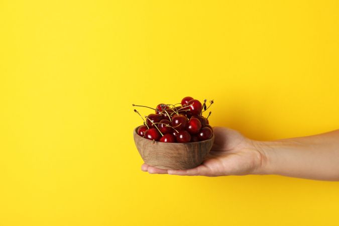 Ripe cherry fruits in a bowl on a yellow background