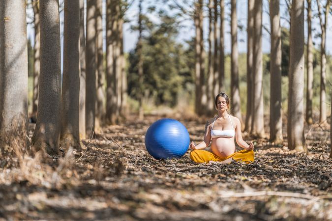 Serene adult pregnant woman meditating while sitting on ground among trees in park during sunny day