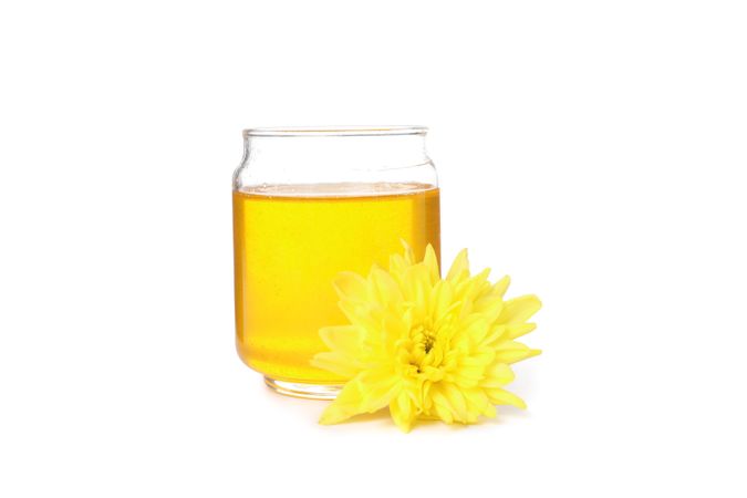 Chrysanthemum and glass jar with honey isolated on plain background