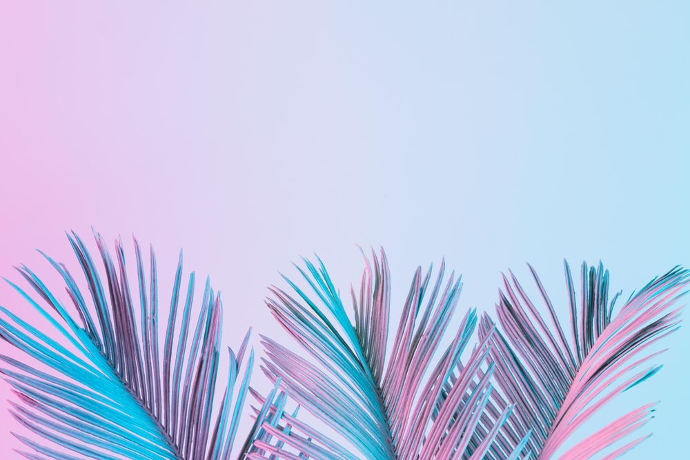 Tropical and palm leaves in vibrant bold gradient holographic colors