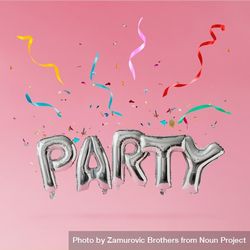 Silver party balloons with streamers and conferring on pink background 5QgXnb