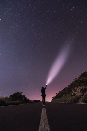 Traveler standing with torch at starry night
