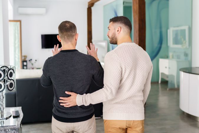 Rear view of male couple at home deciding on decor