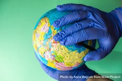 Hands in blue latex gloves holding globe 41lN17