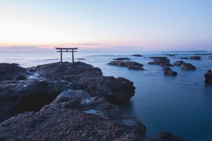 Japanese shrine gate and sea at Oarai city , Ibaraki