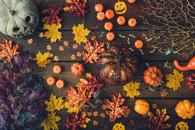 Creative layout of autumn and Halloween items with various leaves and pumpkins